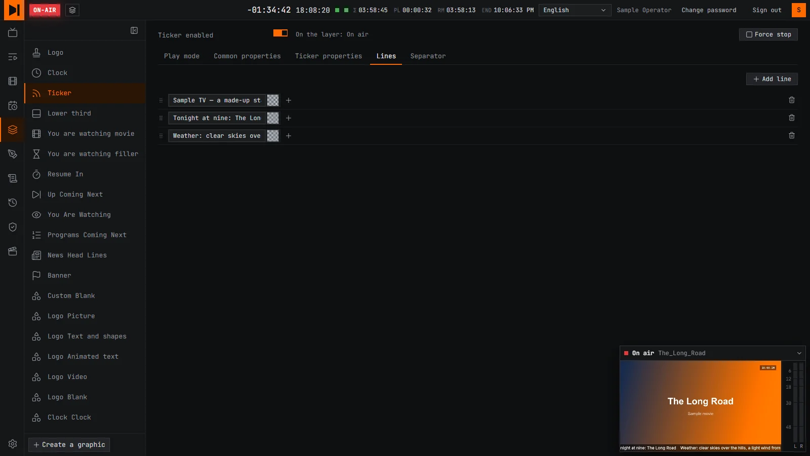 The Graphics page of CabTV Edge: the ticker's lines and settings, with the channel's preview.