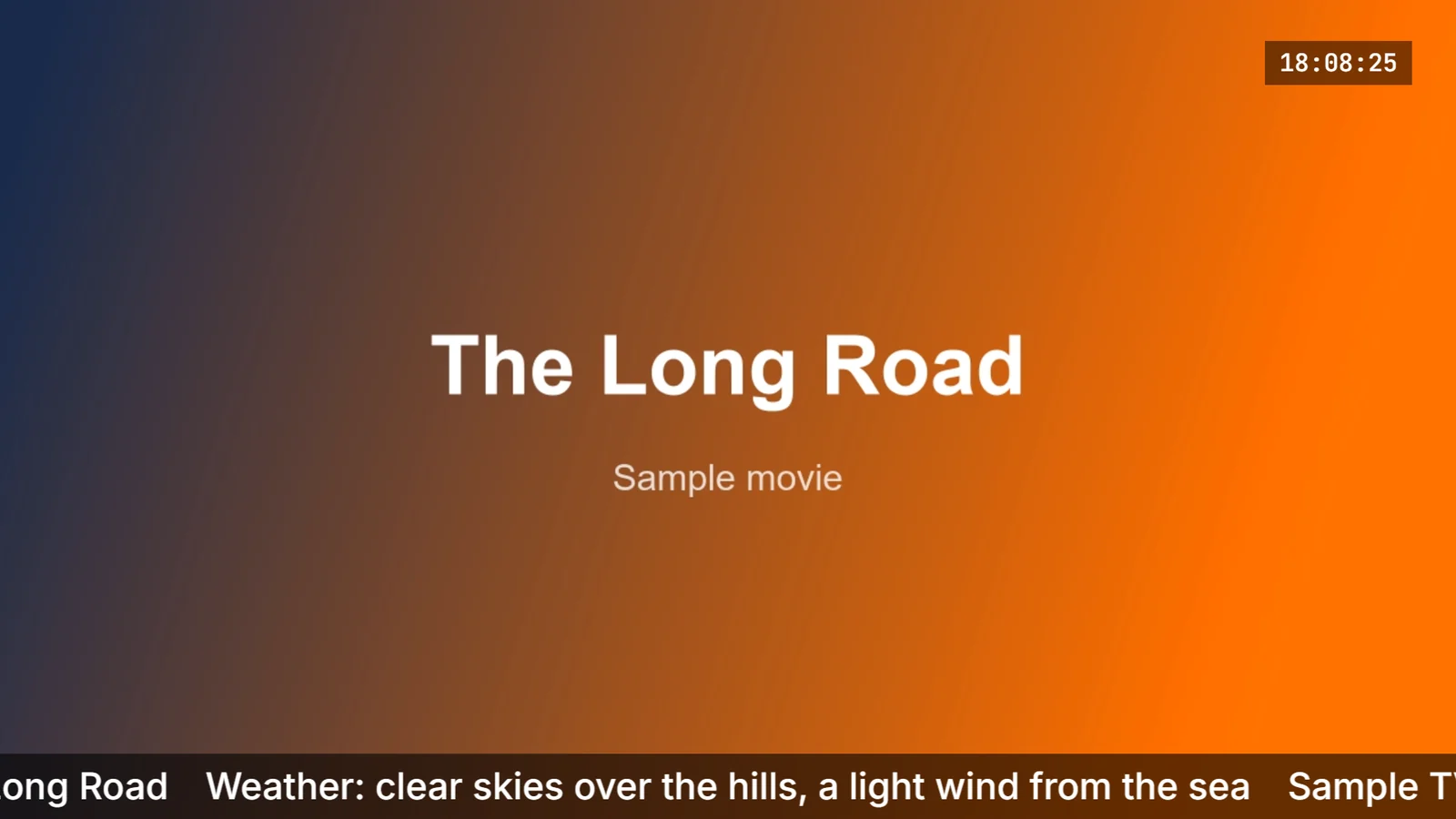 The picture a channel sends: a movie with a clock at the top and a ticker along the foot.